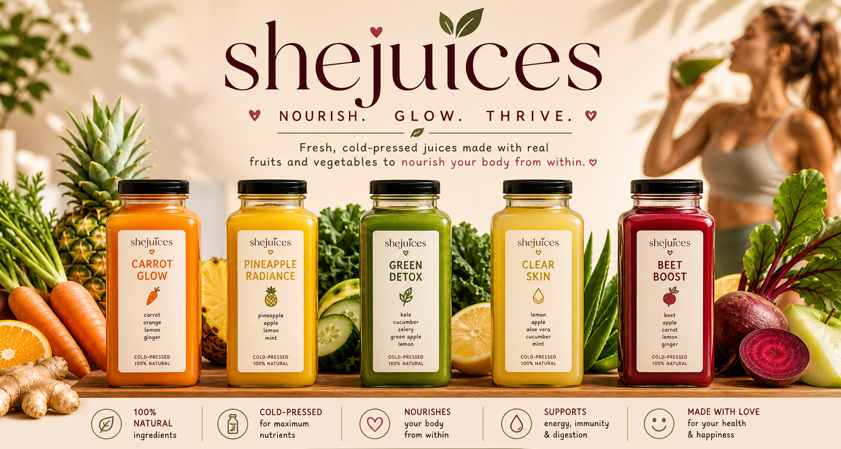 She juices product lineup with promotional text and a blurred person in the background.